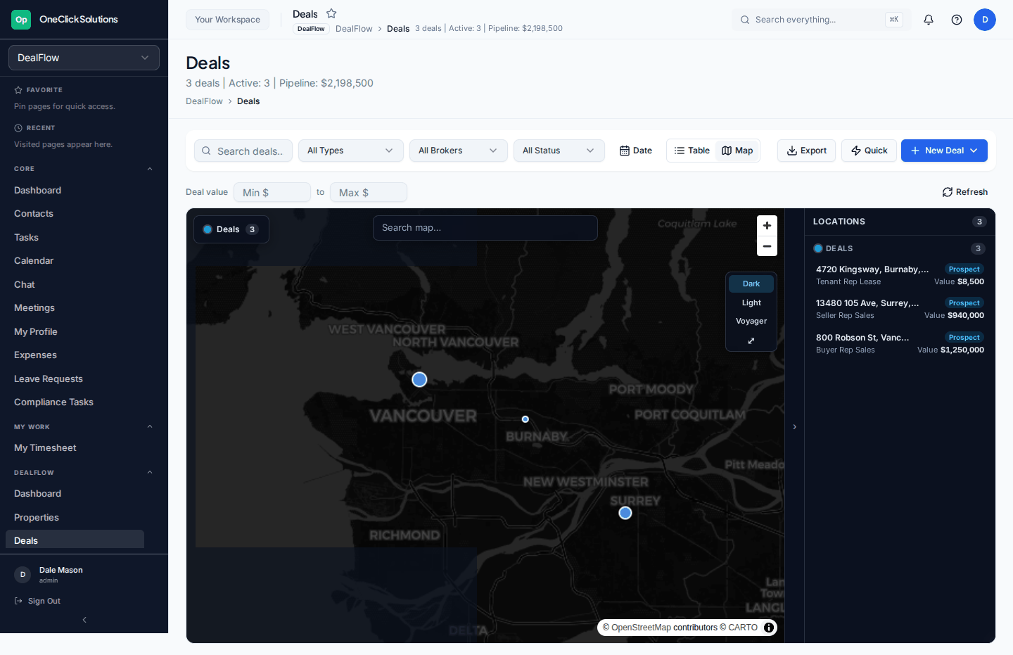 DealFlow deals plotted on a dark map of Metro Vancouver with a locations panel listing three active deals